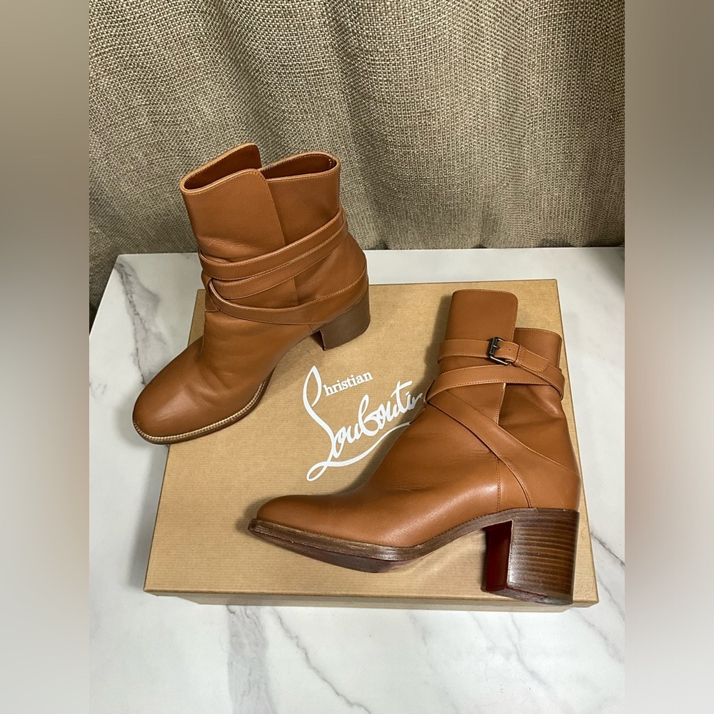 Christian Louboutin Karistrap 70 Tan Calf Leather Ankle Booties Buckle 38.5